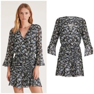 Veronica Beard Sean SILK Ruched Wrap Mini Dress Navy Blue Multi Floral Sz 0